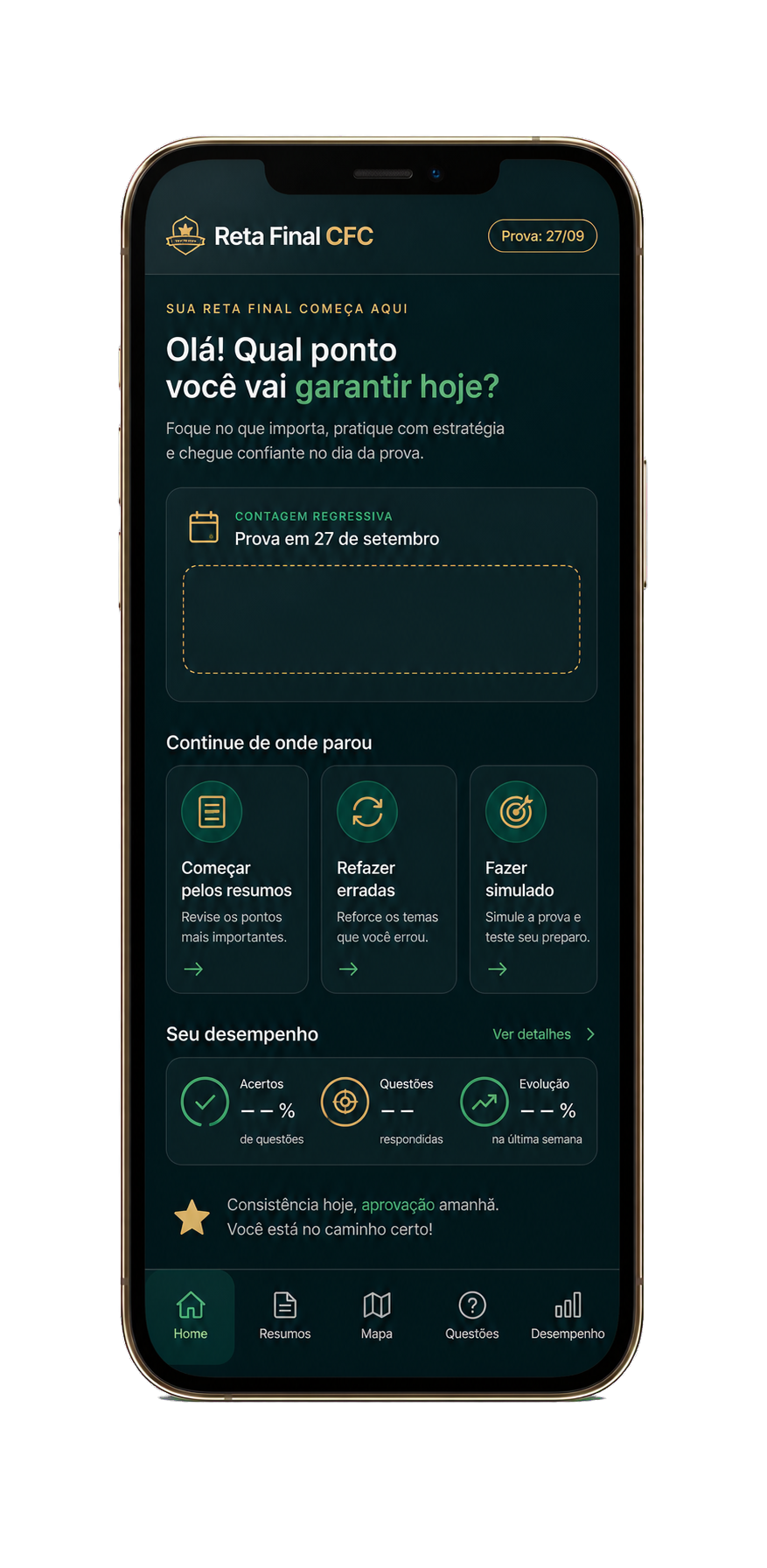 App Reta Final CFC na tela inicial: contagem regressiva para a prova de 27 de setembro, atalhos de estudo e resumo do desempenho