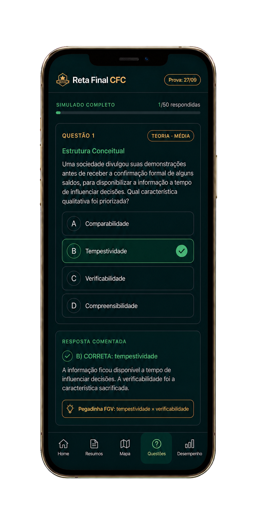 App Reta Final CFC na aba Questões: questão de Estrutura Conceitual respondida, com alternativa correta destacada e resposta comentada